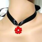 Red Flower Cabochon Ribbon Necklace - Girls Ribbon..