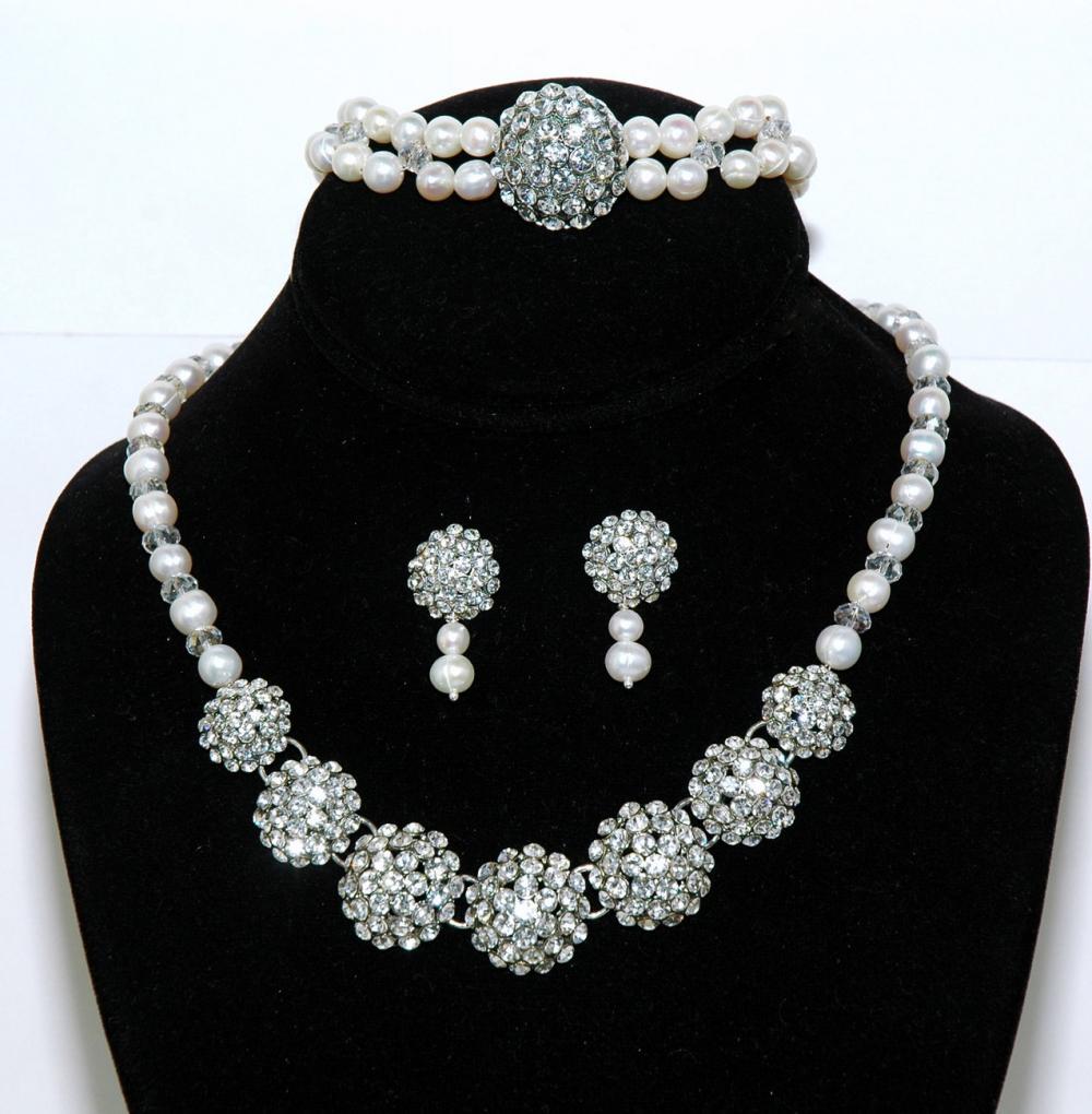 Vintage Style Bridal Necklace Pearl Set - Bridal Rhinestone Necklace Earring