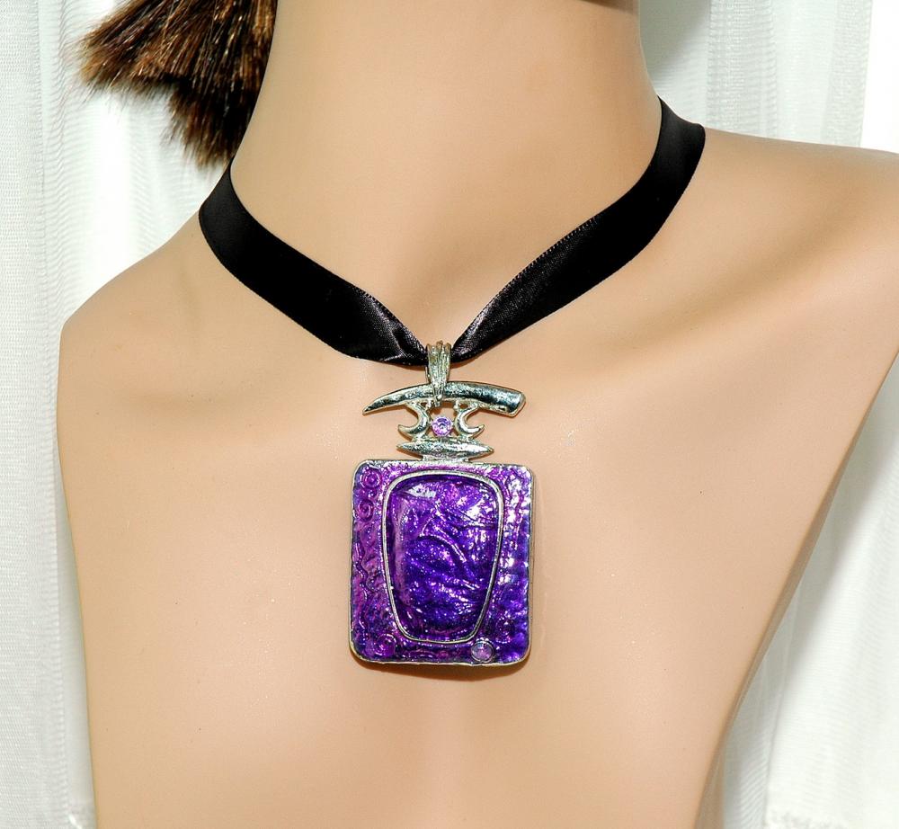 Purple Charm Ribbon Necklace - Girls Necklace - Teens Jewelry - Gift - Black