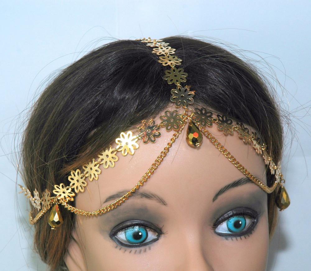 Forehead Band Grecian Inspired Headpiece - Fashion Jewelry - Gold Plated Flower Headband - Crystal