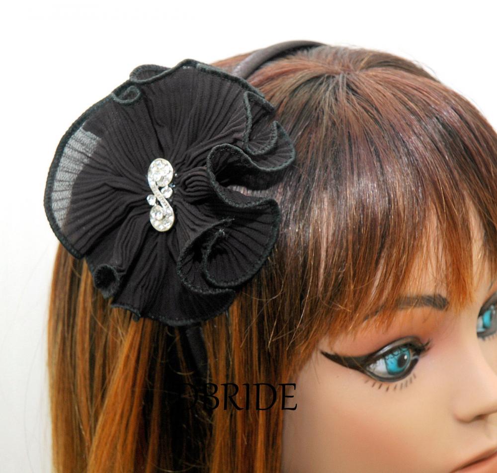 Black Headband Fabric Flower With Rhinestone - Flower Clip Your Color Choice