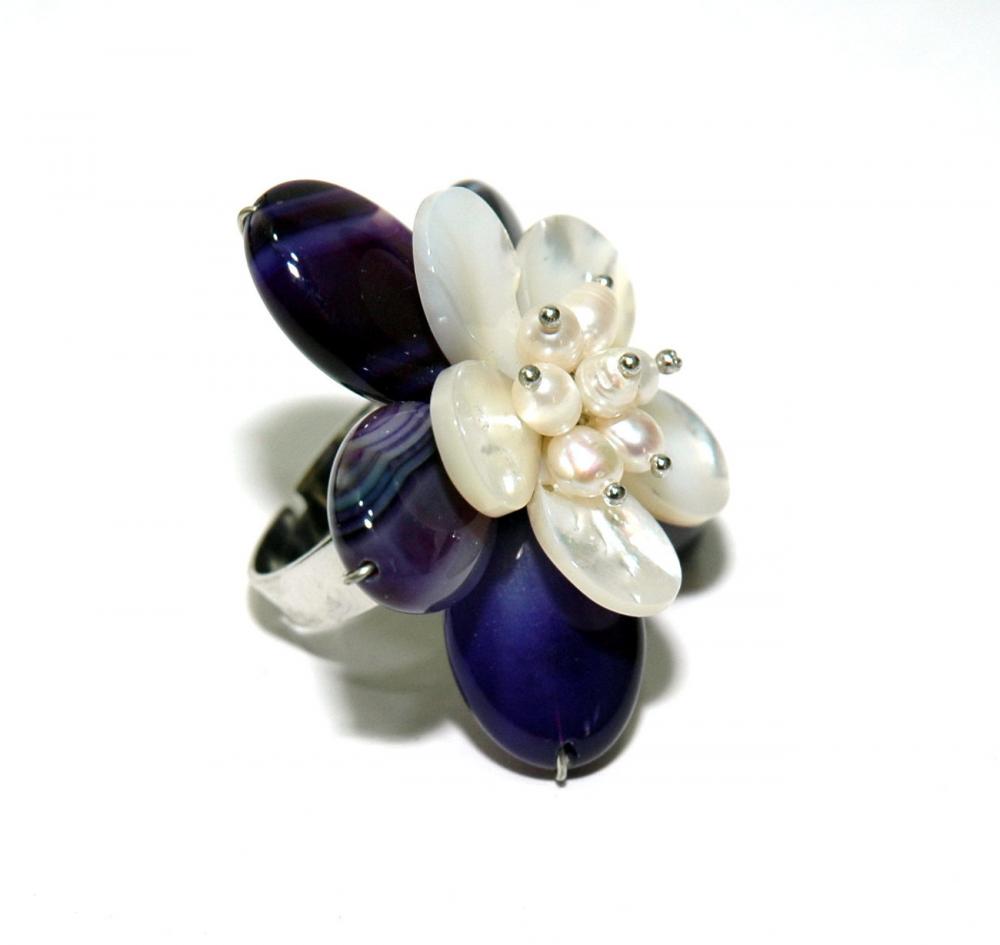 Pearl Flower Adjustable Ring - Purple Agate And Pearl Ring - Mother Of Pearl And Fresh