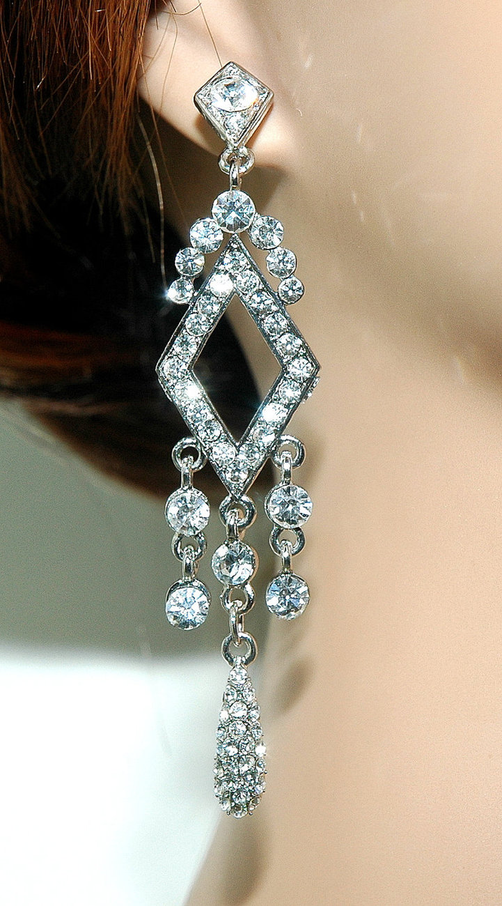 Bridal Rhinestone Earrings Art Deco Style - Wedding Rhinestone Chandelier Bridal Earrings -