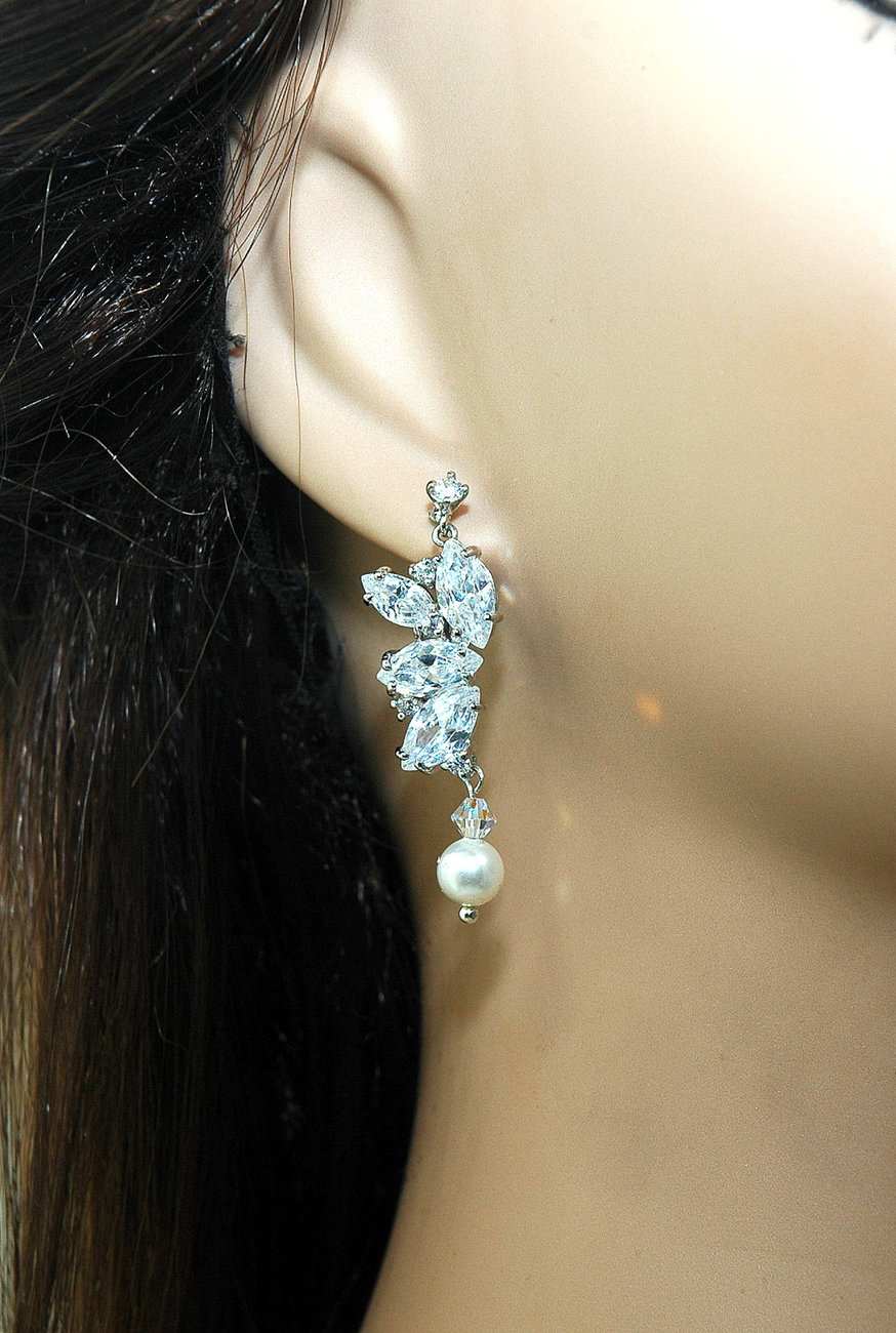 Bridal Crystal Dangle Pearl Earrings With Cubic Zirconia - Wedding Earrings - Pearl Dangle