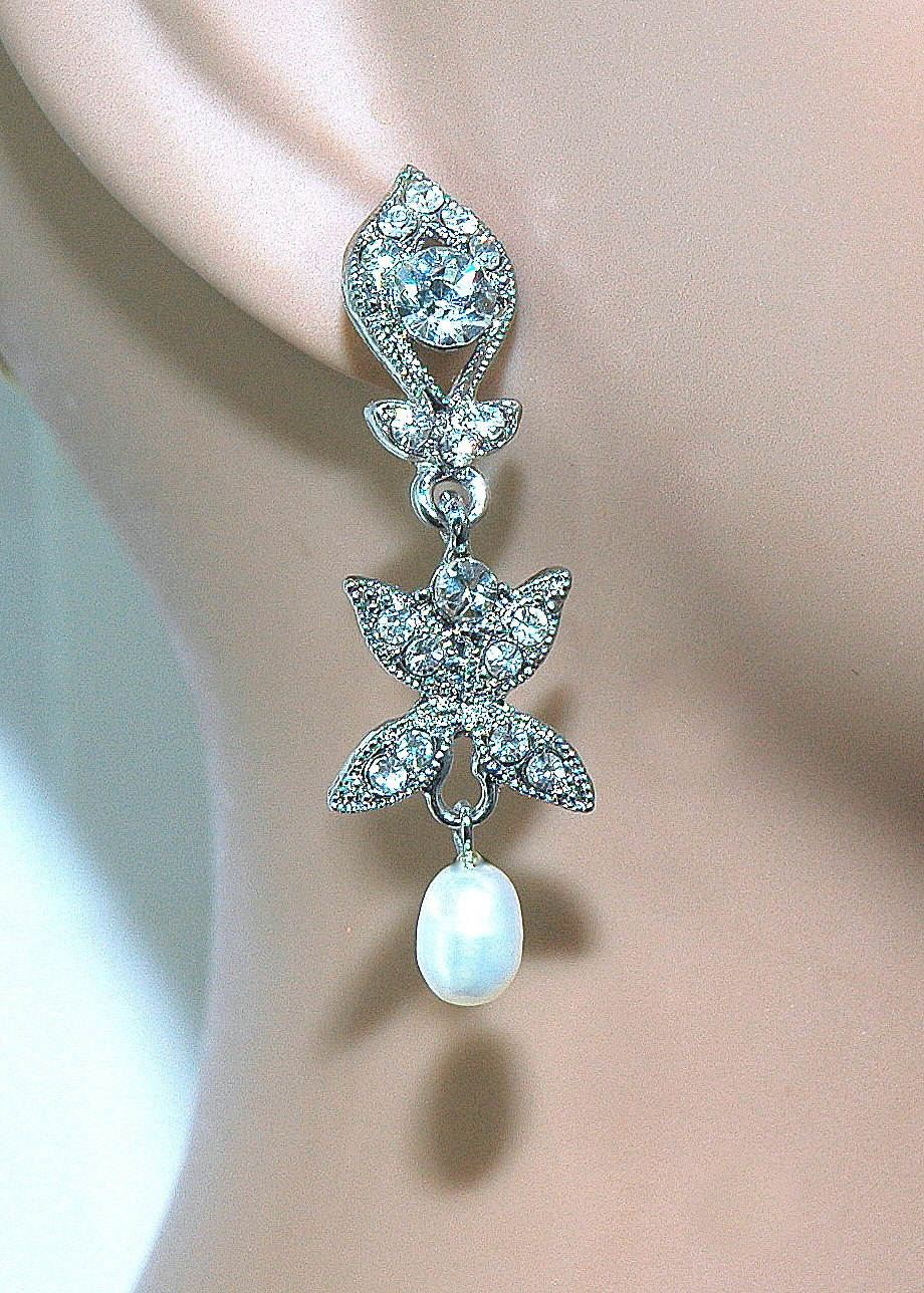 Bridal Pearl Rhinestone Earrings - Bridal Wedding Crystal Earrings -dangle Swarovski Earrings