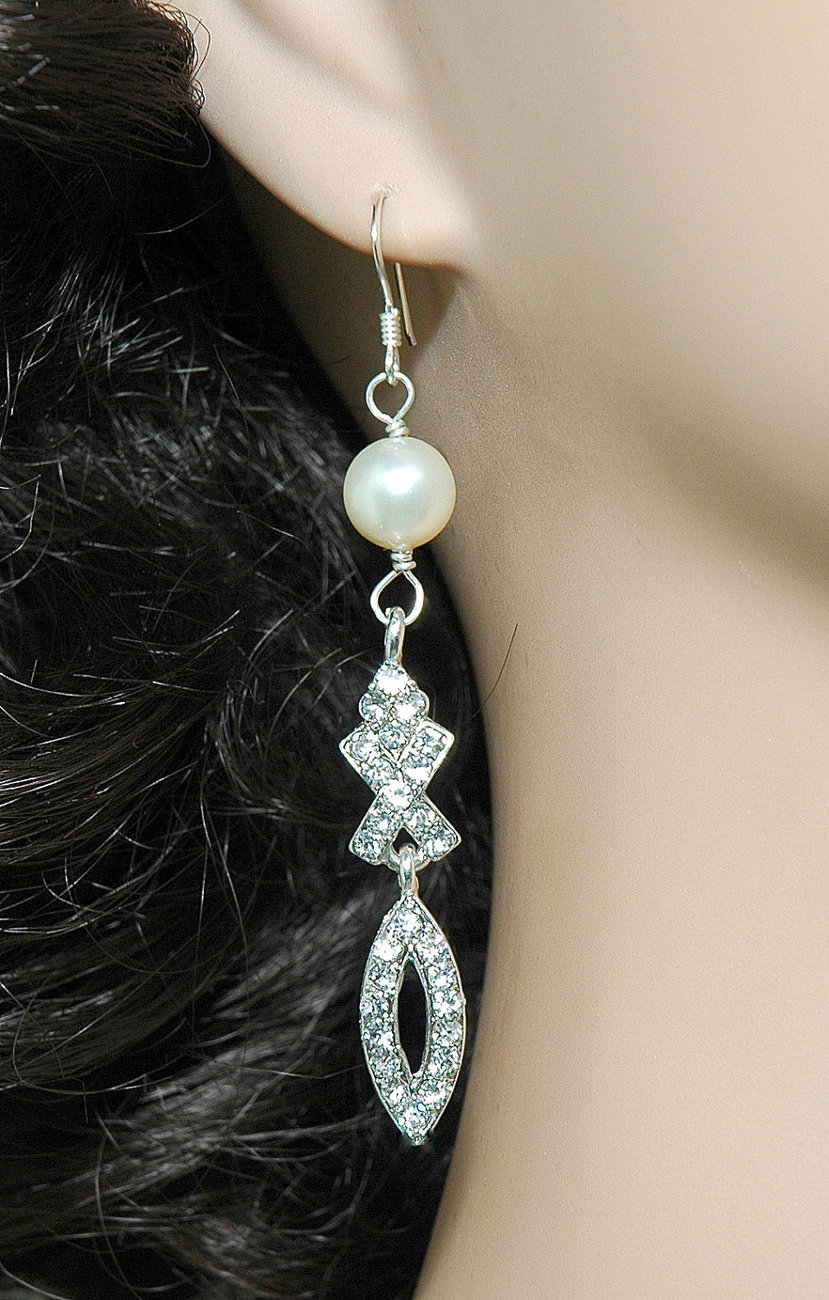 Wedding Bridal Pearl Earrings - Bridal Dangle Rhinestone Earrings - Diamante Earrings