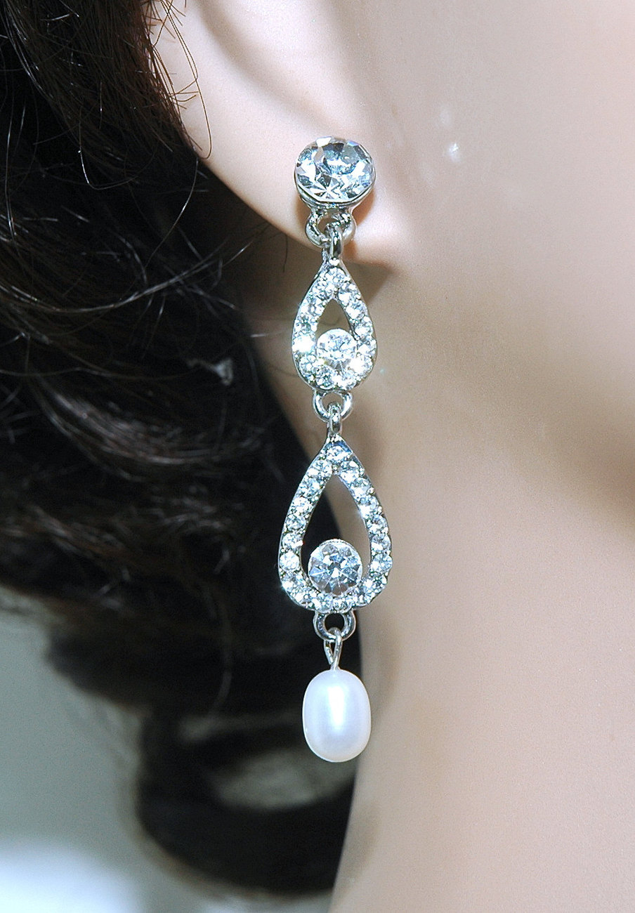 Wedding Dangle Crystal Pearl Earrings - Bridesmaids Rhinestone Earrings -dangle S