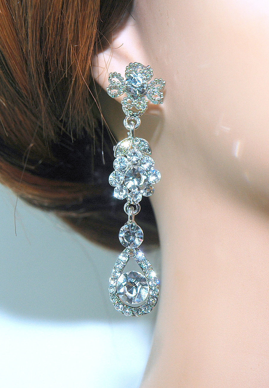 thumbnail image 2 of Silver Dangle Earrings: Crystal Rhinestone Drop Earrings... 2 of 12